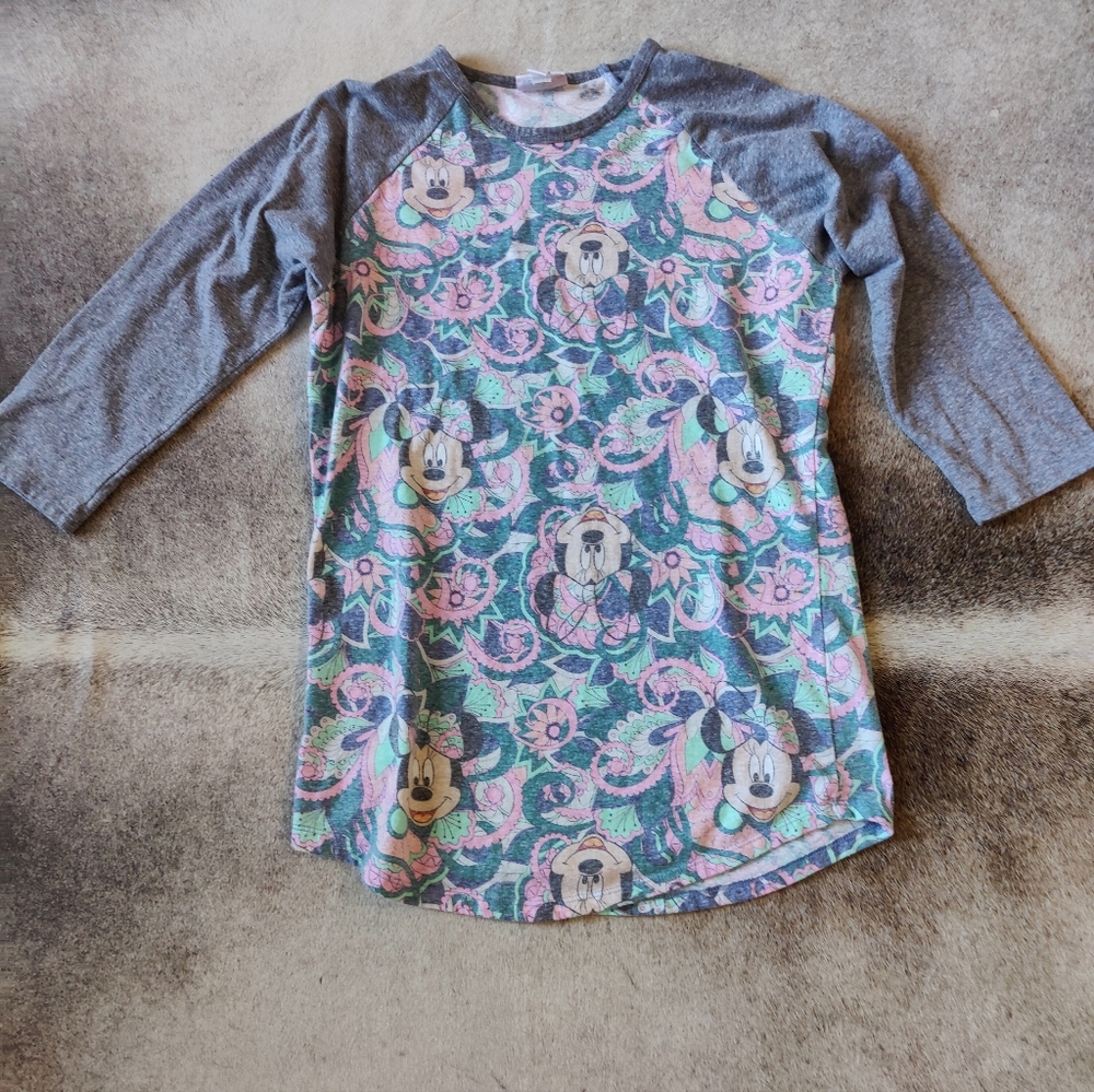 LuLaRoe Long Sleeve Tee - Gray and Pink Floral With Minnie Mouse
